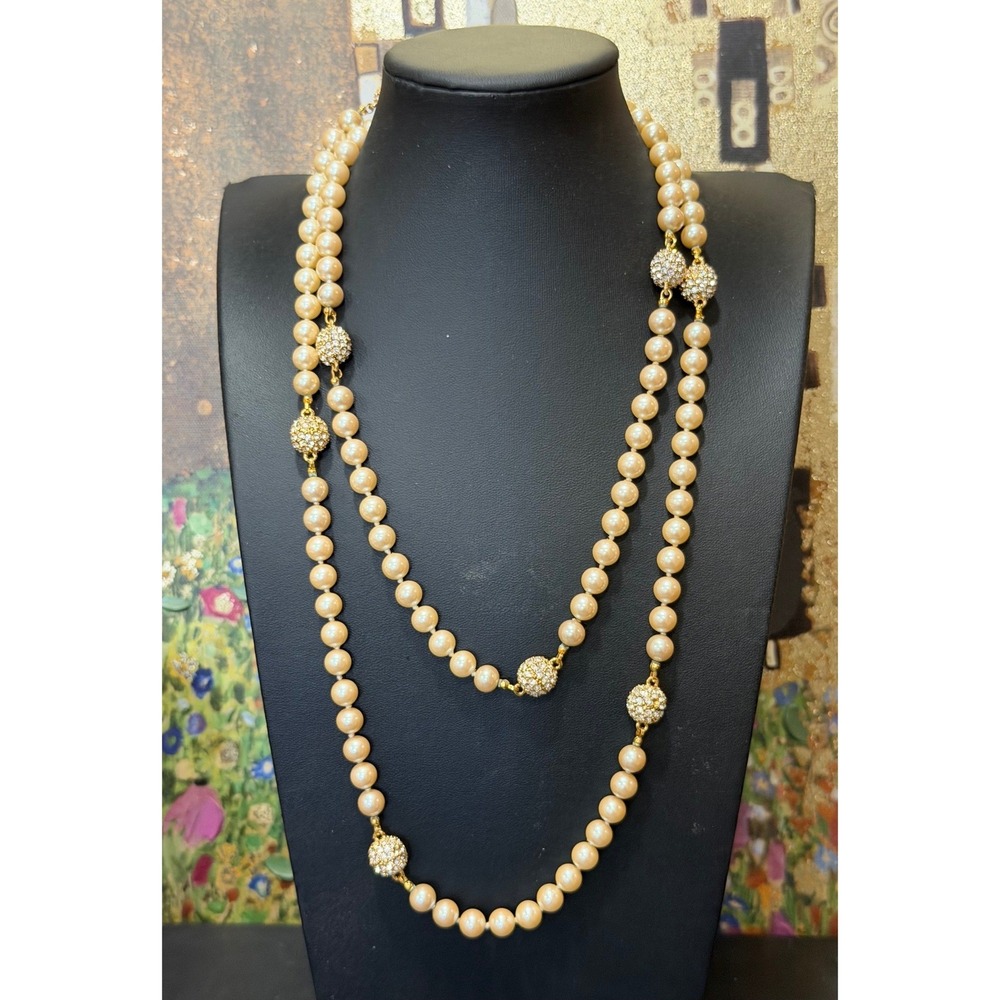 St John Imitation Pearl Double Strand Necklace Cream Gold Rhinestone Ball Beaded